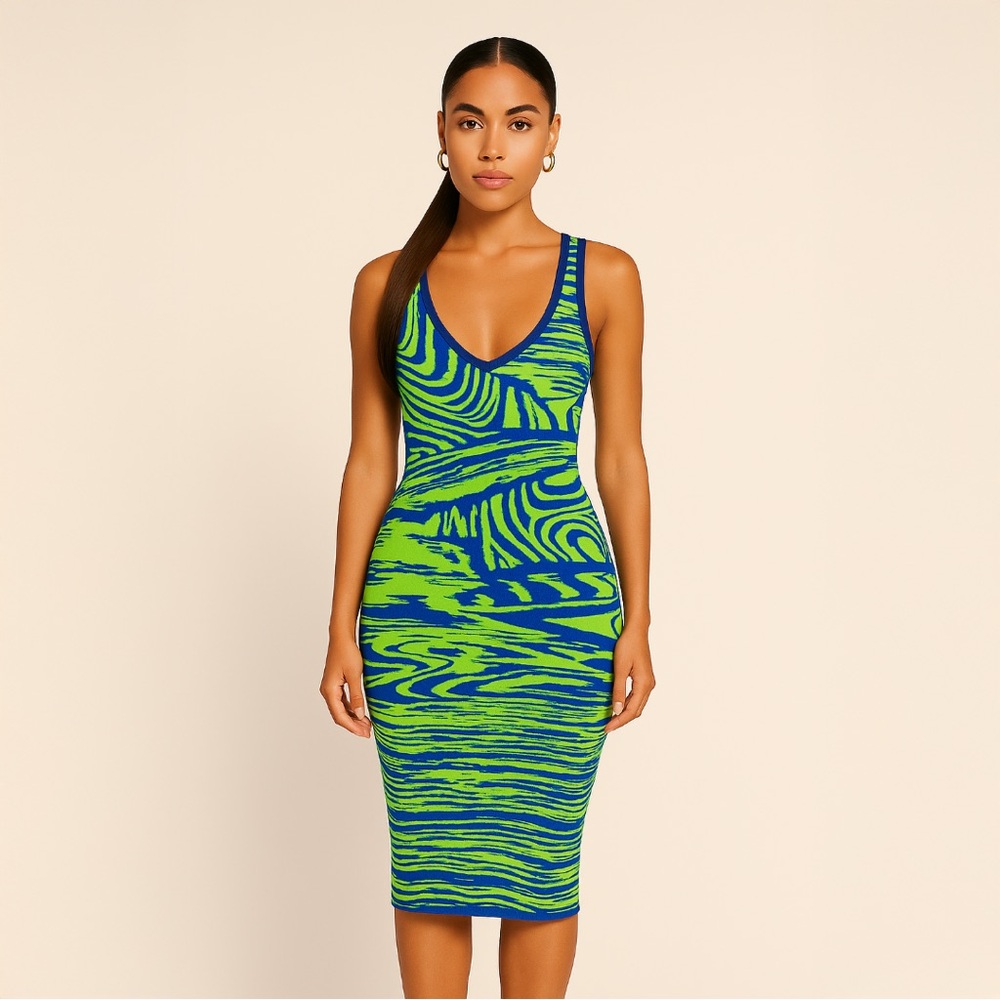 A330-A • Neon Lime Blue Abstract Woodgrain Bodycon Midi Dress
